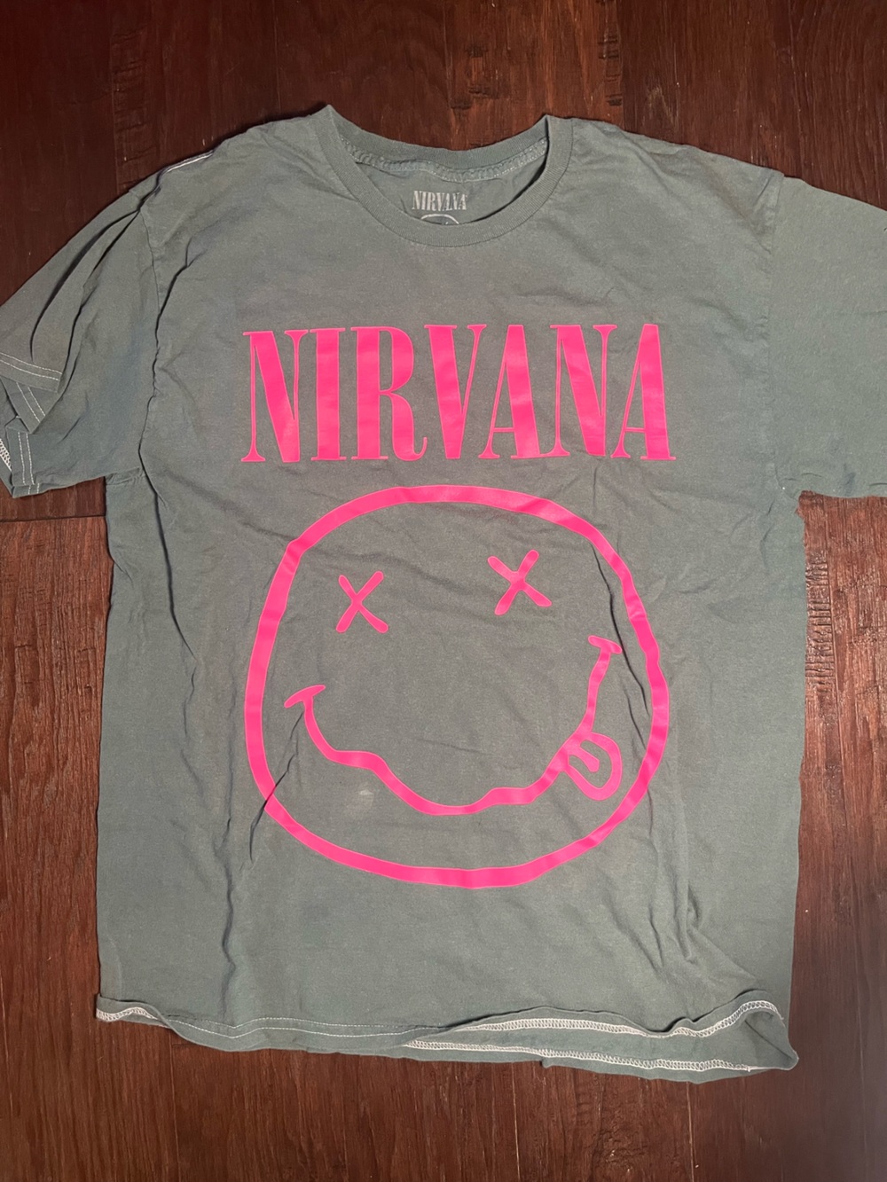 NIRVANA Neon Pink Logo Smiley Tee on Sage